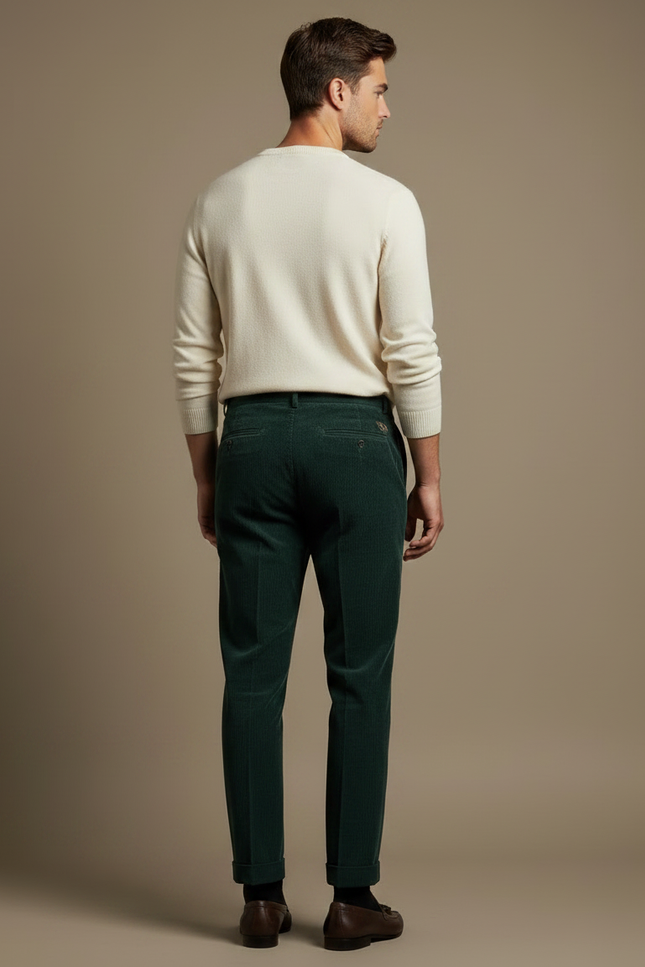 Pantalon À Pince Vert Côtelé Plissé Homme Élégant - Cordé - vue 2