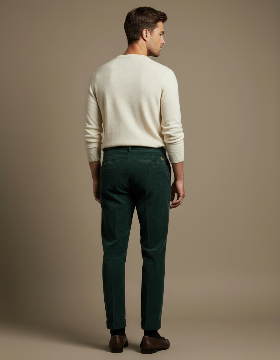 Pantalon À Pince Vert Côtelé Plissé Homme Élégant - Cordé - vue 2