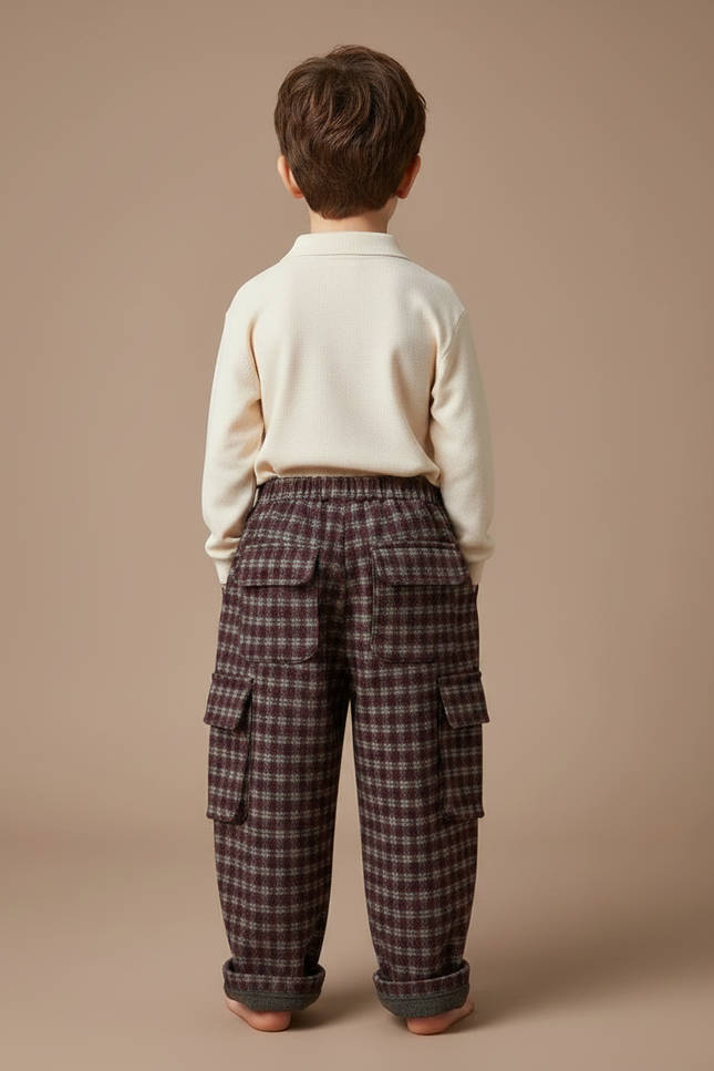 Pantalon À Pince Carreaux Ample Laine Cargo Enfant - Bordeaux Tweed - vue 2