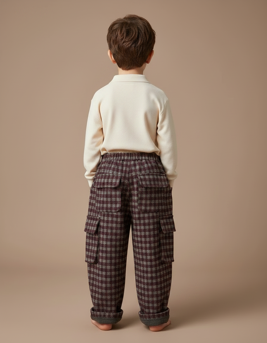 Pantalon À Pince Carreaux Ample Laine Cargo Enfant - Bordeaux Tweed - vue 2