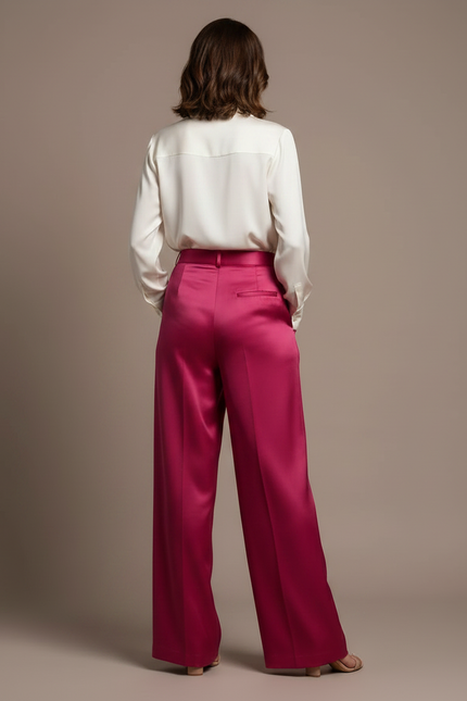 Pantalon À Pince Rose Fuchsia Satiné Ample Plissé Élégant - vue 2