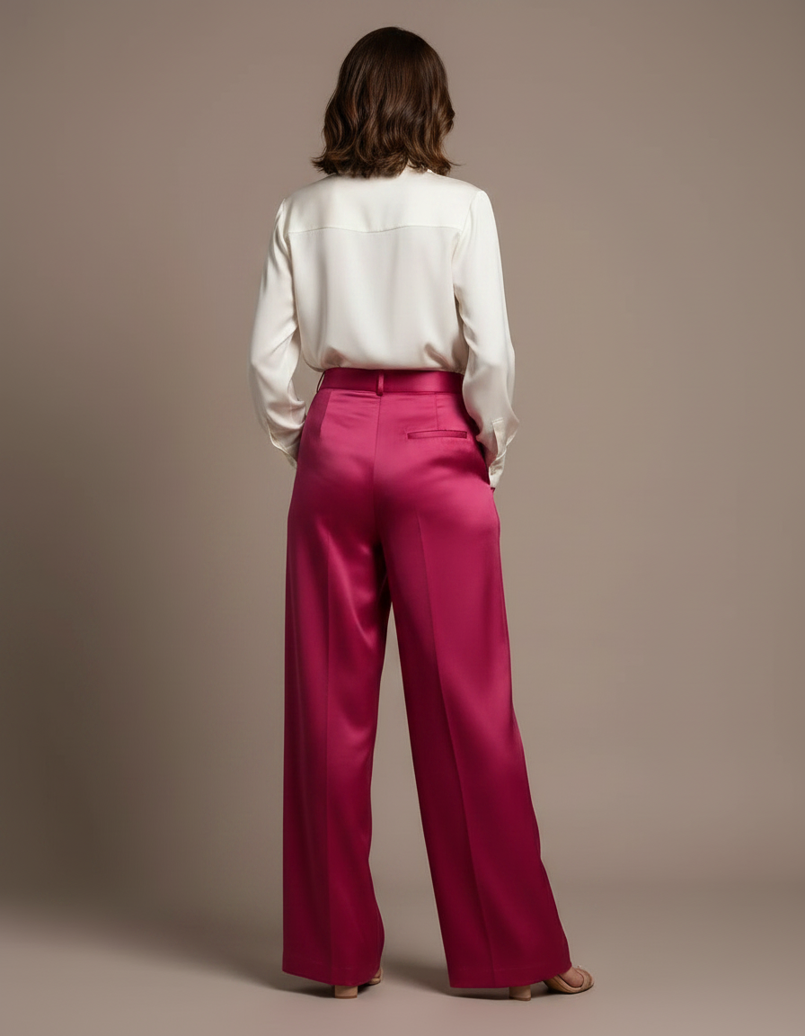 Pantalon À Pince Rose Fuchsia Satiné Ample Plissé Élégant - vue 2