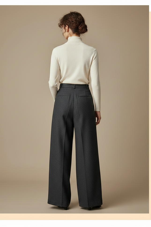 Pantalon À Pince Gris Ample Taille Haute Élégant - Laine - vue 2