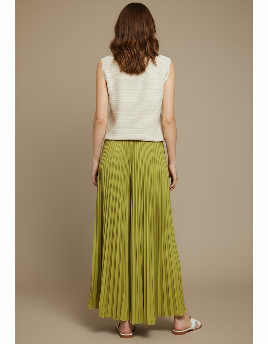 Pantalon À Pince Plissé Vert Ample Fluide Élégant - Polyester - vue 2
