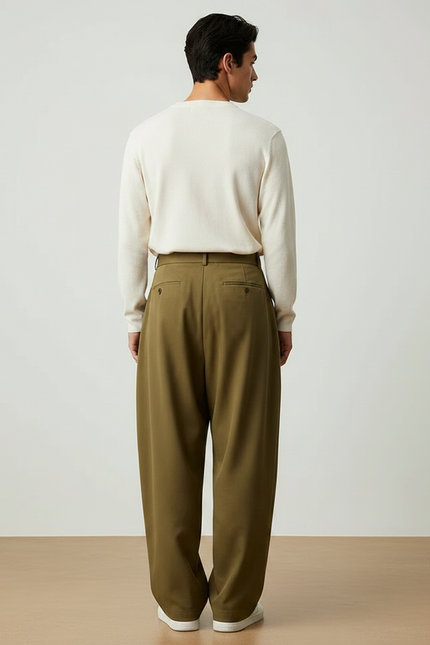 Pantalon À Pince Kaki Plissé Ample Droit Élégant - Gabardine - vue 2