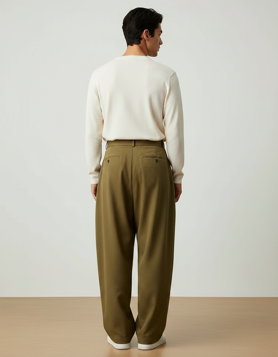 Pantalon À Pince Kaki Plissé Ample Droit Élégant - Gabardine - vue 2