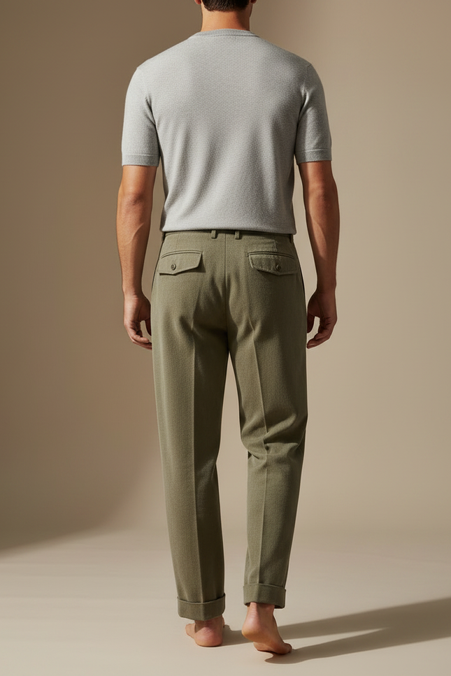 Pantalon À Pince Vert Militaire Plissé Décontracté Homme - Kaki Laine - vue 2