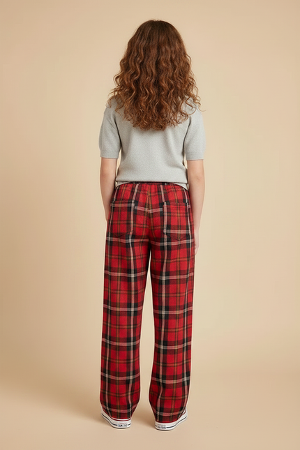 Pantalon À Pince Carreaux Écossais Rouge Ample Décontracté Femme - Coton - vue 2