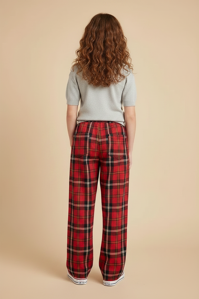 Pantalon À Pince Carreaux Écossais Rouge Ample Décontracté Femme - Coton - vue 2