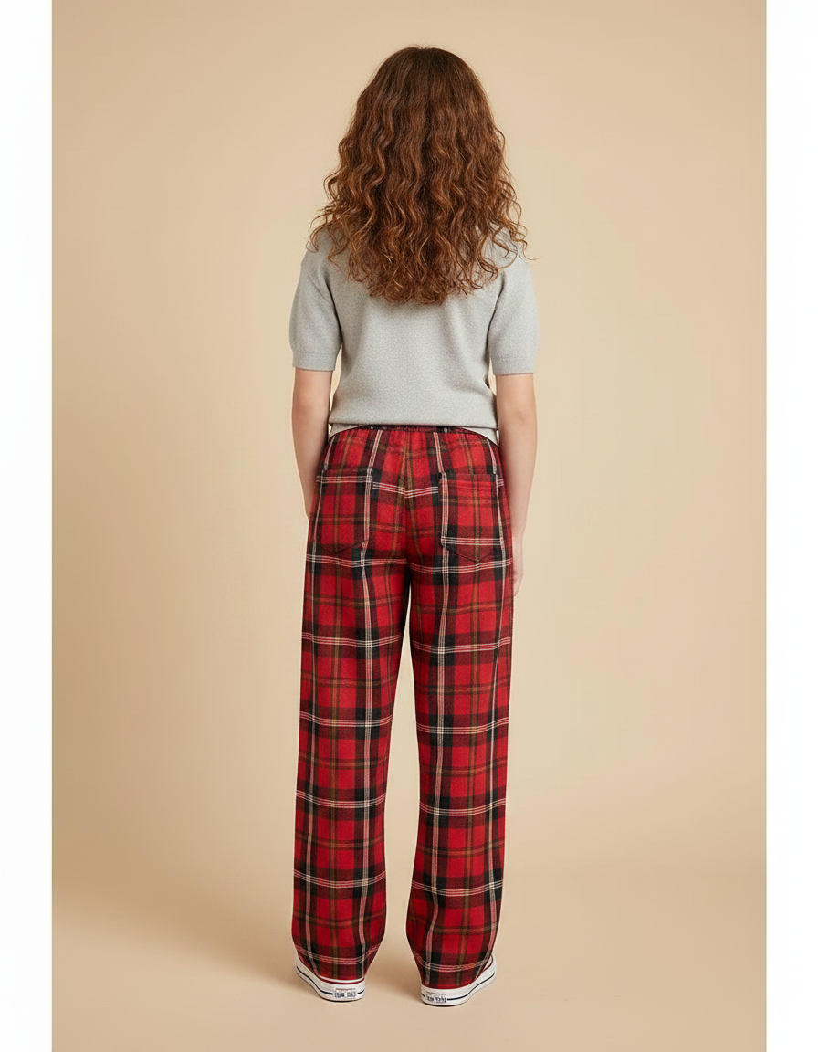 Pantalon À Pince Carreaux Écossais Rouge Ample Décontracté Femme - Coton - vue 2