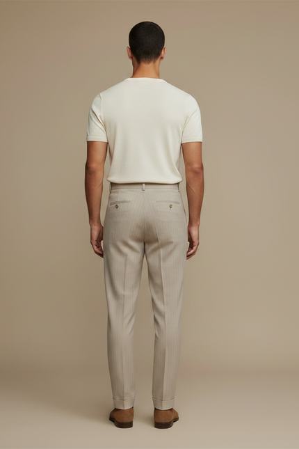 Pantalon À Pince Beige Plissé Rayé Taille Haute Homme - Laine - vue 2