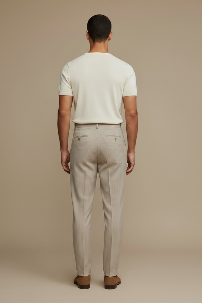 Pantalon À Pince Beige Plissé Rayé Taille Haute Homme - Laine - vue 2