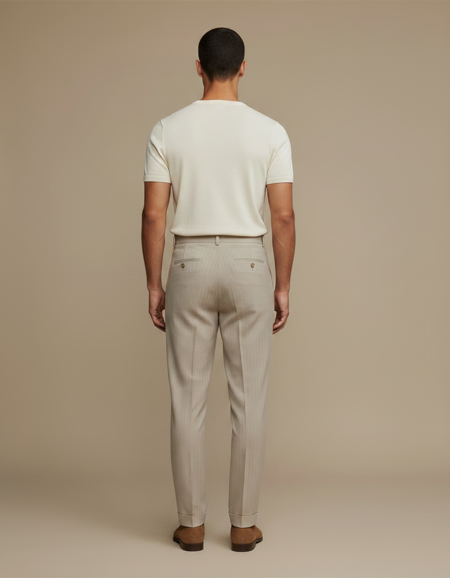 Pantalon À Pince Beige Plissé Rayé Taille Haute Homme - Laine - vue 2