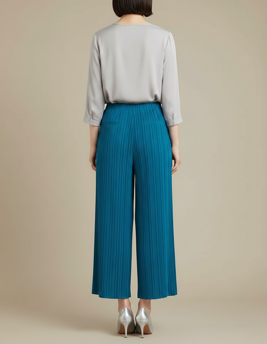 Pantalon À Pince Plissé Fluide Bleu Élastique Femme - Polyester - vue 2