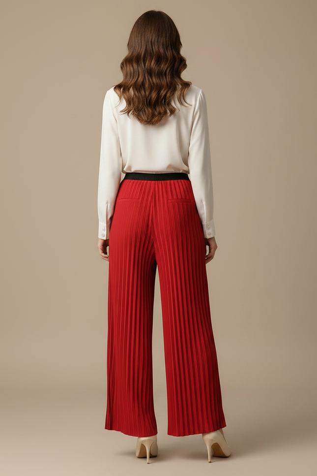 Pantalon À Pince Plissé Rouge Ample Fluide Élégant - Polyester - vue 2