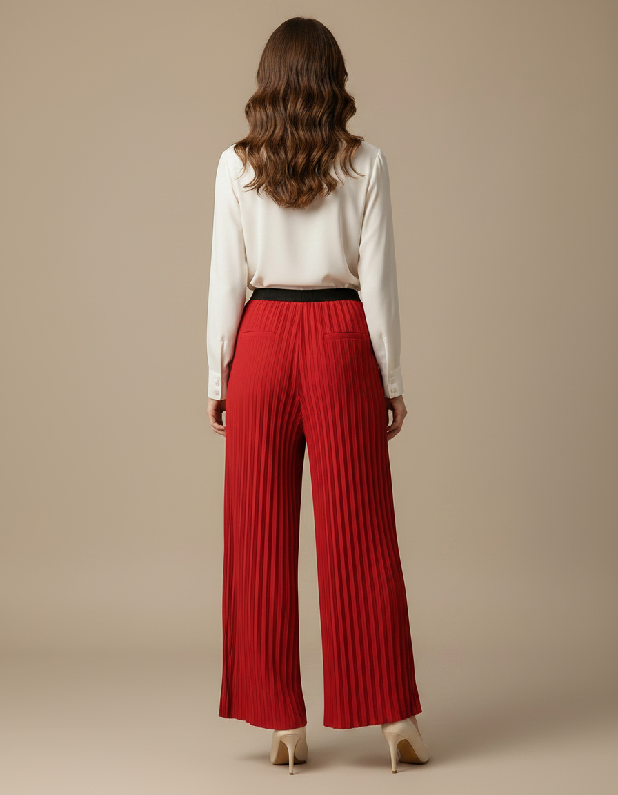 Pantalon À Pince Plissé Rouge Ample Fluide Élégant - Polyester - vue 2