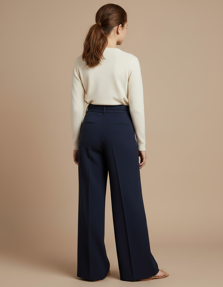 Pantalon À Pince Bleu Marine Fluide Élégant Ceinture Métallique - Polyester - vue 2