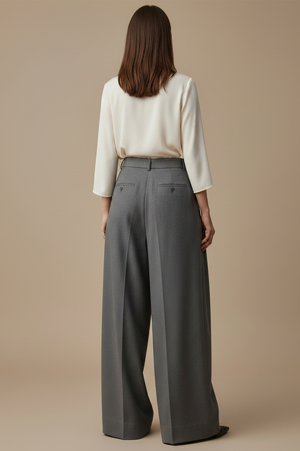 Pantalon À Pince Gris Large Plissé Fluide Femme - Laine - vue 2
