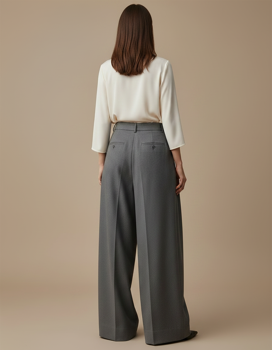 Pantalon À Pince Gris Large Plissé Fluide Femme - Laine - vue 2