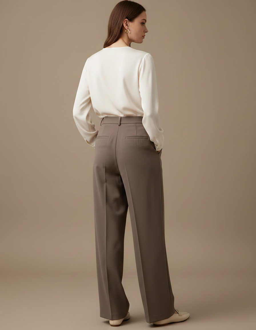 Pantalon À Pince Marron Ample Plissé Fluide Élégant - Polyester - vue 2