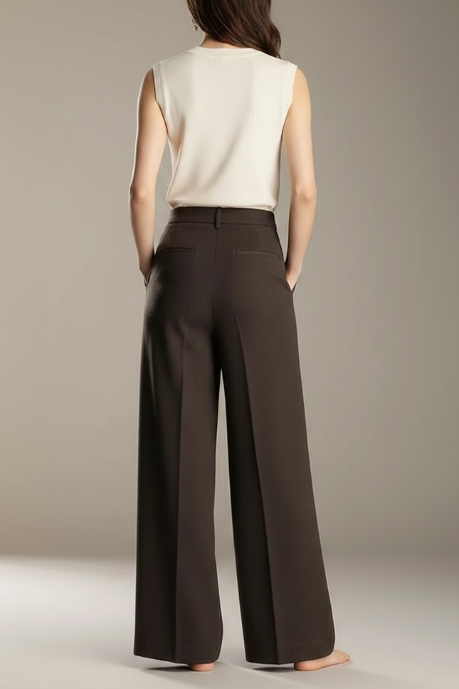 Pantalon À Pince Marron Ample Plissé Élégant Laine Fluide - vue 2