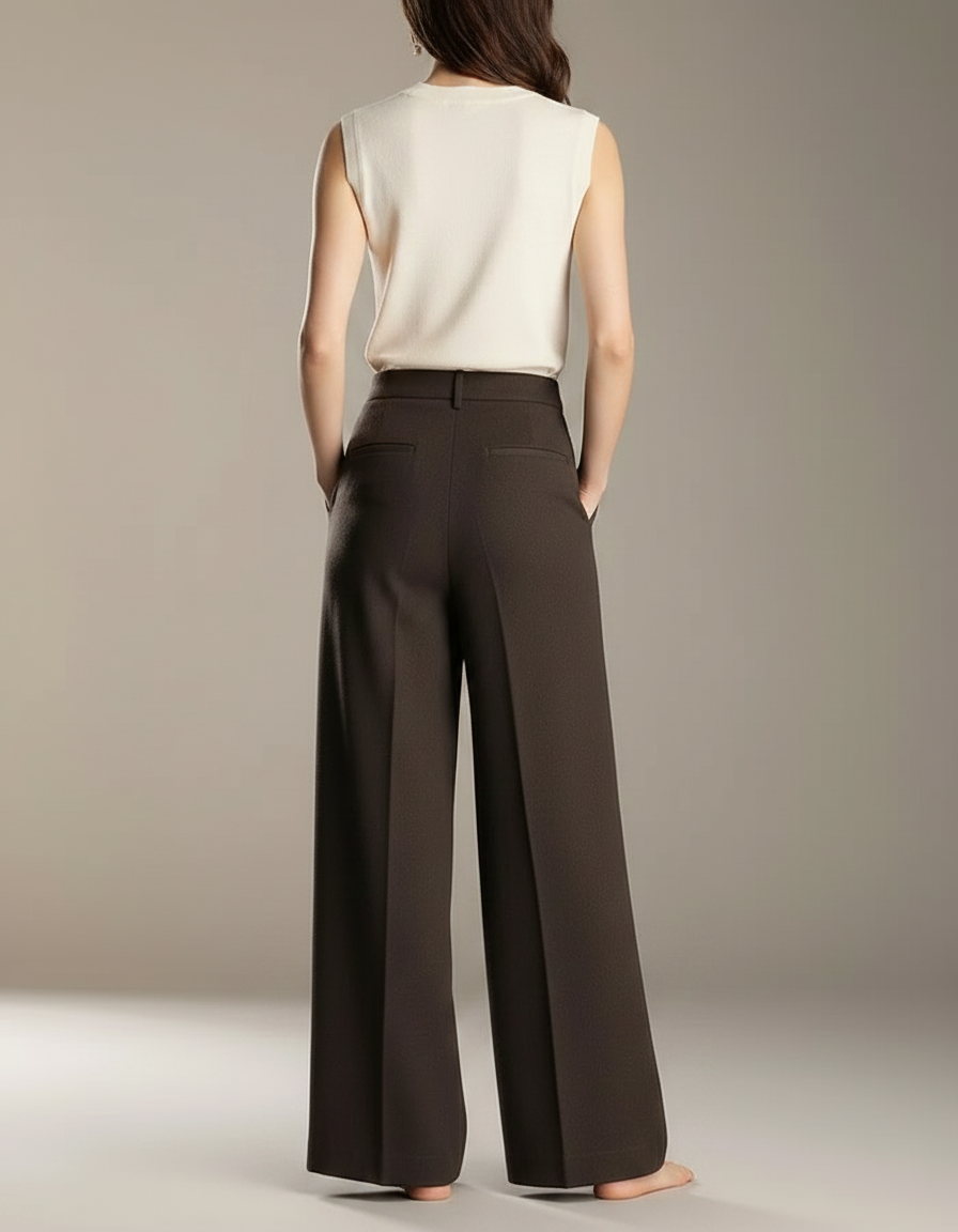 Pantalon À Pince Marron Ample Plissé Élégant Laine Fluide - vue 2