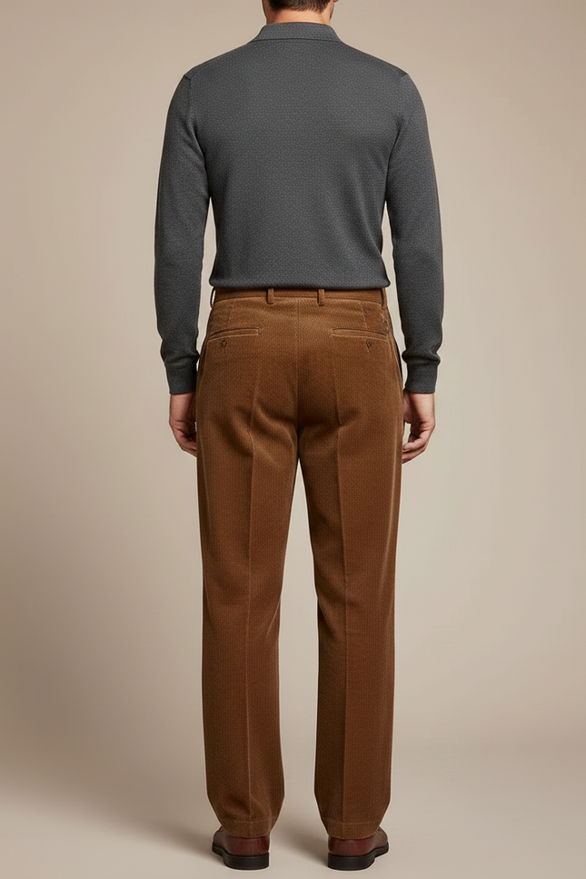 Pantalon À Pince Marron Côtelé Plissé Décontracté Homme - Cordé - vue 2