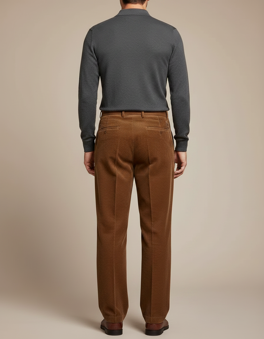 Pantalon À Pince Marron Côtelé Plissé Décontracté Homme - Cordé - vue 2