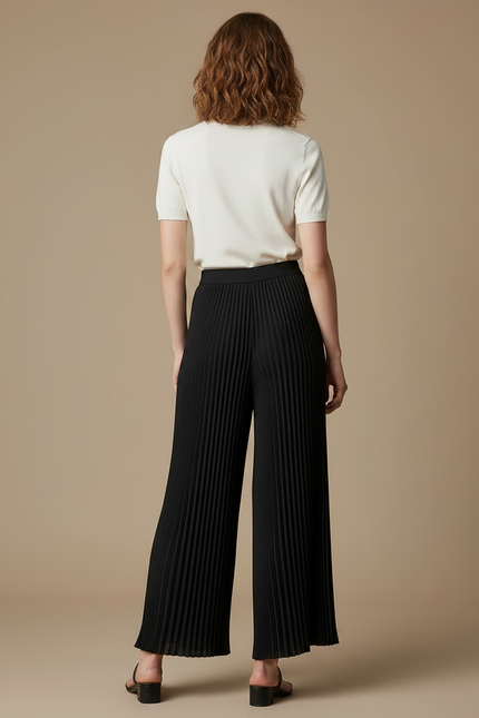 Pantalon À Pince Noir Plissé Fluide Ample Élégant Femme - Polyester - vue 2