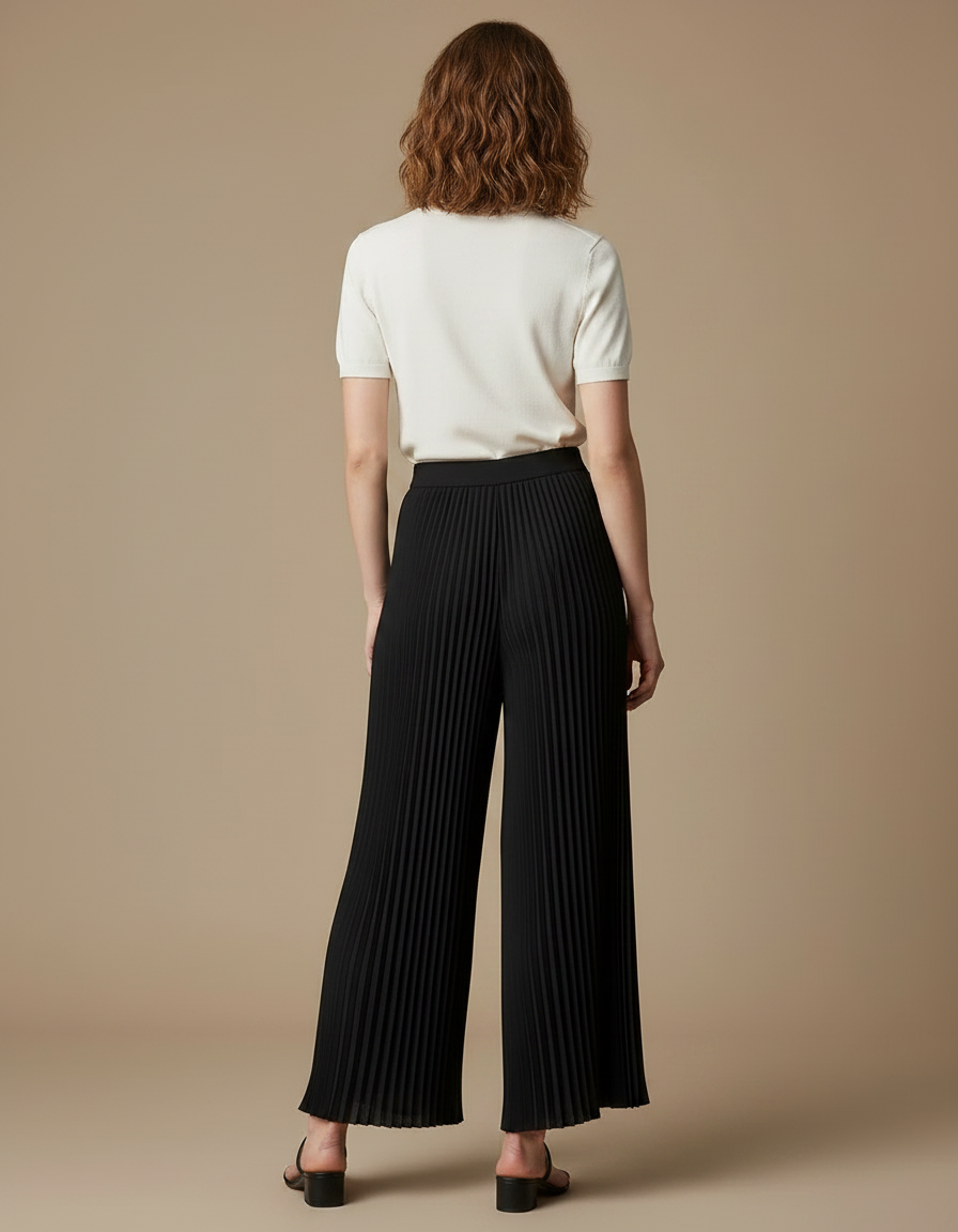 Pantalon À Pince Noir Plissé Fluide Ample Élégant Femme - Polyester - vue 2