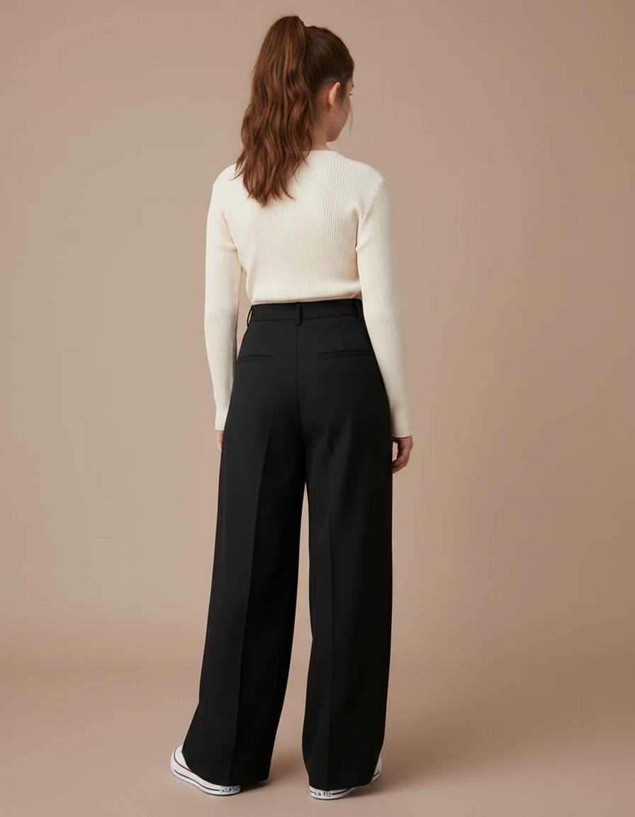 Pantalon À Pince Noir Ample Plissé Confortable Fille - Polyester - vue 2