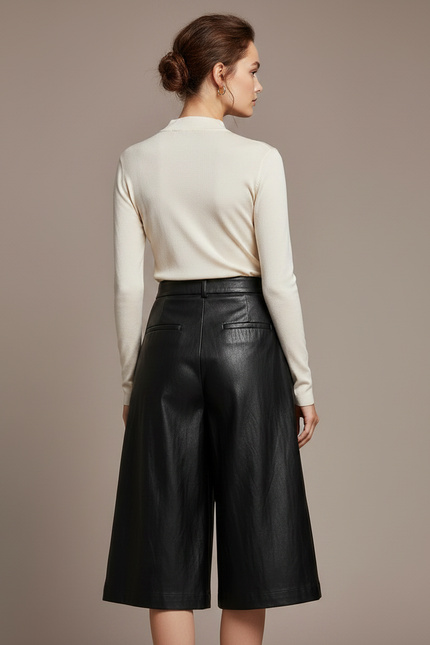 Pantalon À Pince Noir Similicuir Ample Élégant Femme - Simili cuir - vue 2