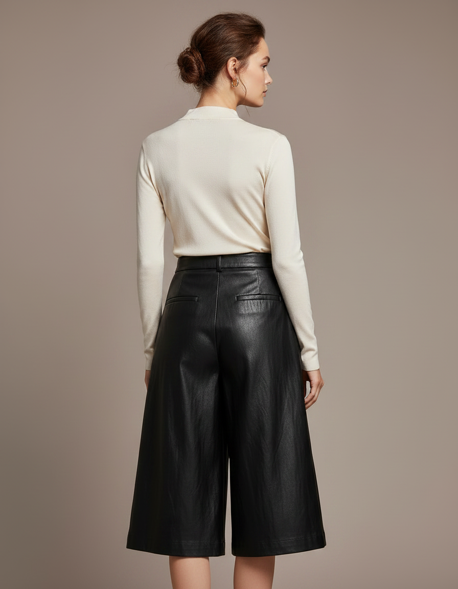 Pantalon À Pince Noir Similicuir Ample Élégant Femme - Simili cuir - vue 2