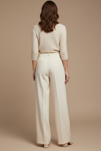 Pantalon À Pince Crème Ample Plissé Taille Haute - Beige Gabardine - vue 2