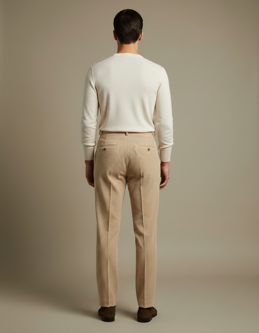 Pantalon À Pince Beige Côtelé Droit Plissé Élégant - Cordé - vue 2