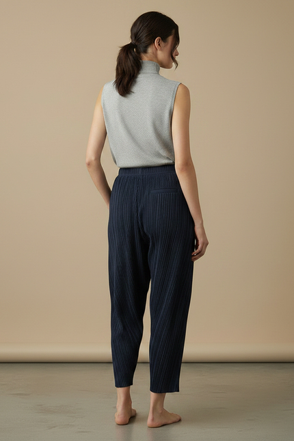 Pantalon À Pince Plissé Bleu Marine Décontracté Fluide - Polyester - vue 2