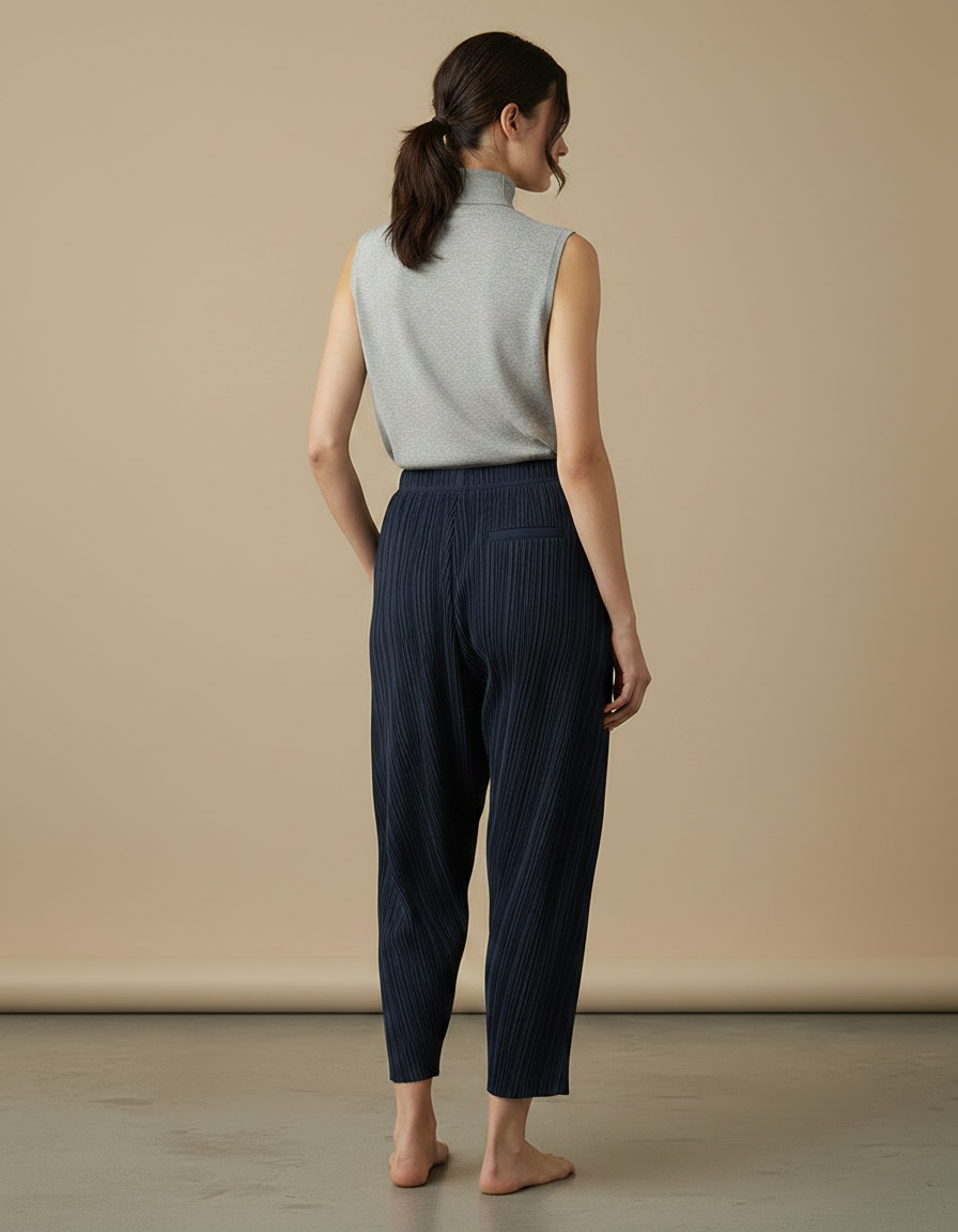 Pantalon À Pince Plissé Bleu Marine Décontracté Fluide - Polyester - vue 2