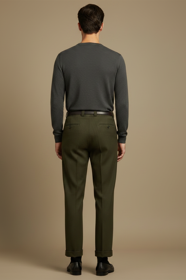 Pantalon À Pince Vert Olive Ample Plissé Homme Chic - Laine - vue 2