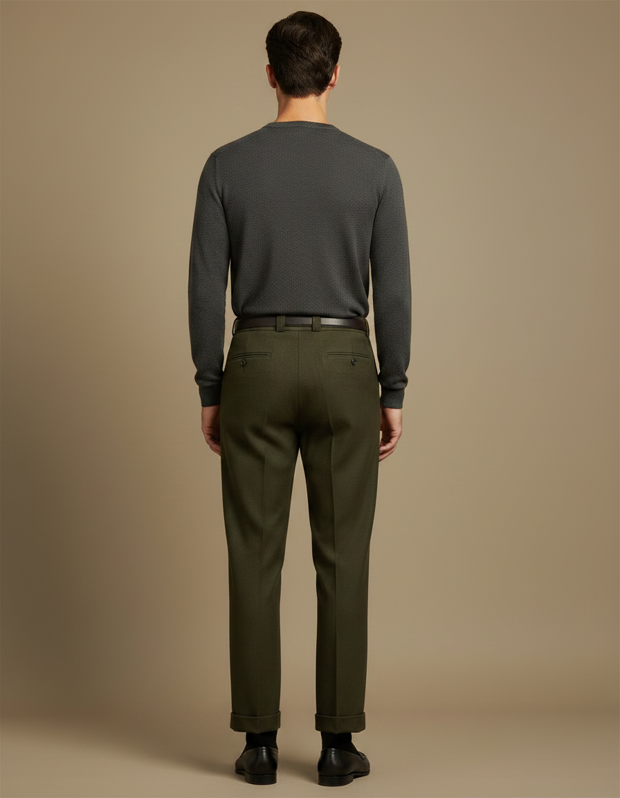 Pantalon À Pince Vert Olive Ample Plissé Homme Chic - Laine - vue 2