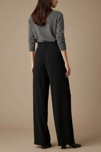 Pantalon À Pince Noir Plissé Ample Ceinturé Élégant - Polyester - vue 2