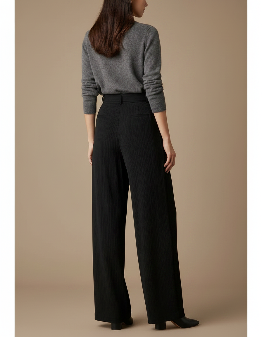 Pantalon À Pince Noir Plissé Ample Ceinturé Élégant - Polyester - vue 2