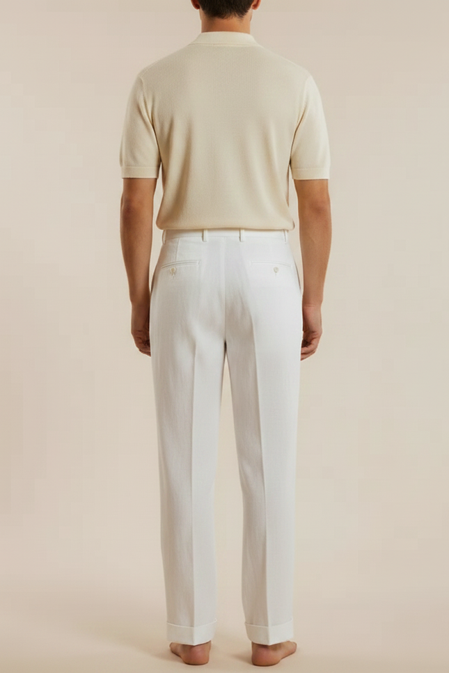 Pantalon À Pince Blanc Lin Plissé Droit Élégant - vue 2