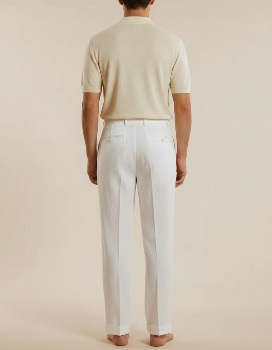 Pantalon À Pince Blanc Lin Plissé Droit Élégant - vue 2