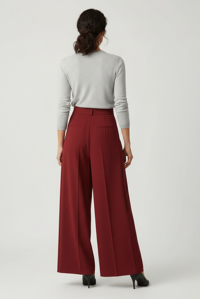 Pantalon À Pince Bordeaux Plissé Ample Taille Haute - Polyester - vue 2