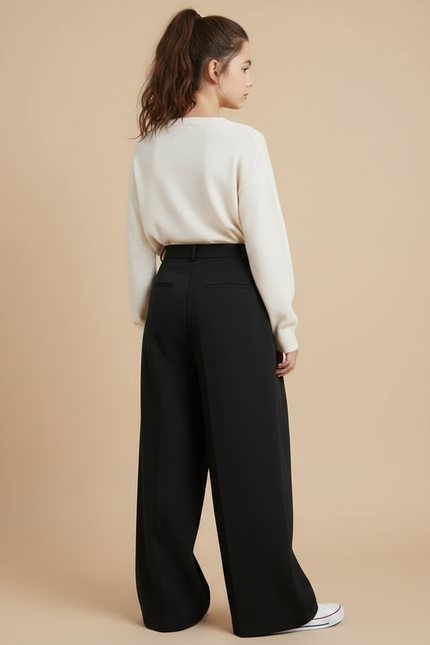 Pantalon À Pince Noir Ample Fluide Décontracté Fille - Polyester - vue 2