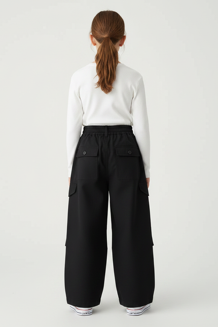 Pantalon À Pince Noir Cargo Ample Coton Enfant - Toile - vue 2