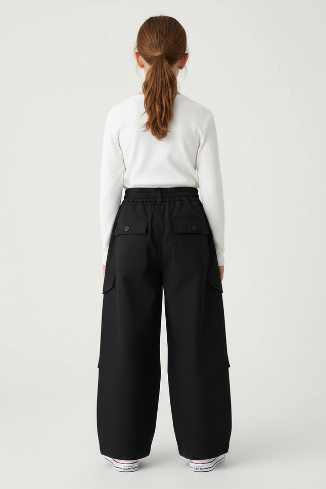 Pantalon À Pince Noir Cargo Ample Coton Enfant - Toile - vue 2