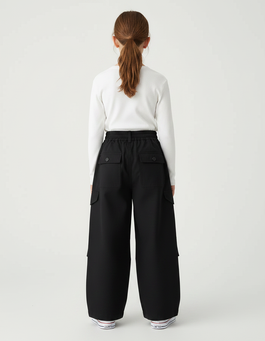 Pantalon À Pince Noir Cargo Ample Coton Enfant - Toile - vue 2