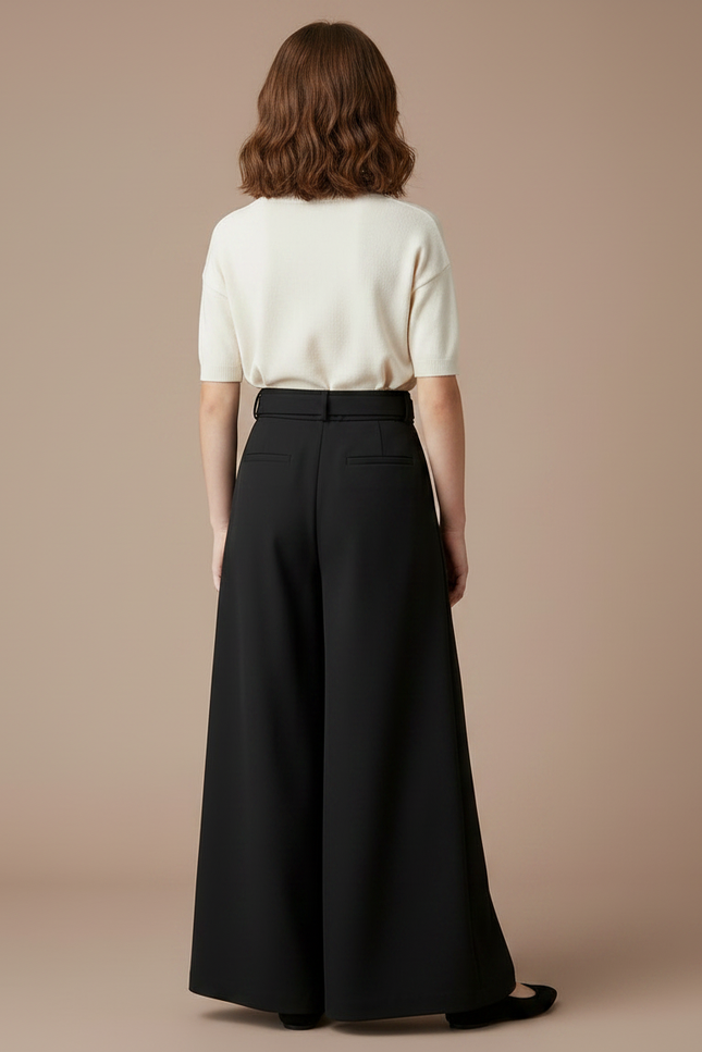 Pantalon À Pince Noir Ample Fluide Élégant Taille Haute - Polyester - vue 2