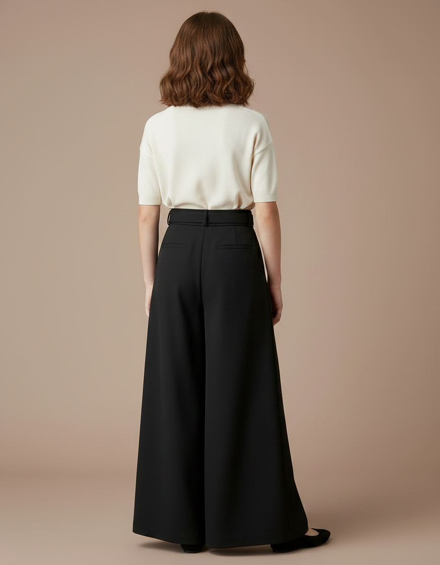 Pantalon À Pince Noir Ample Fluide Élégant Taille Haute - Polyester - vue 2